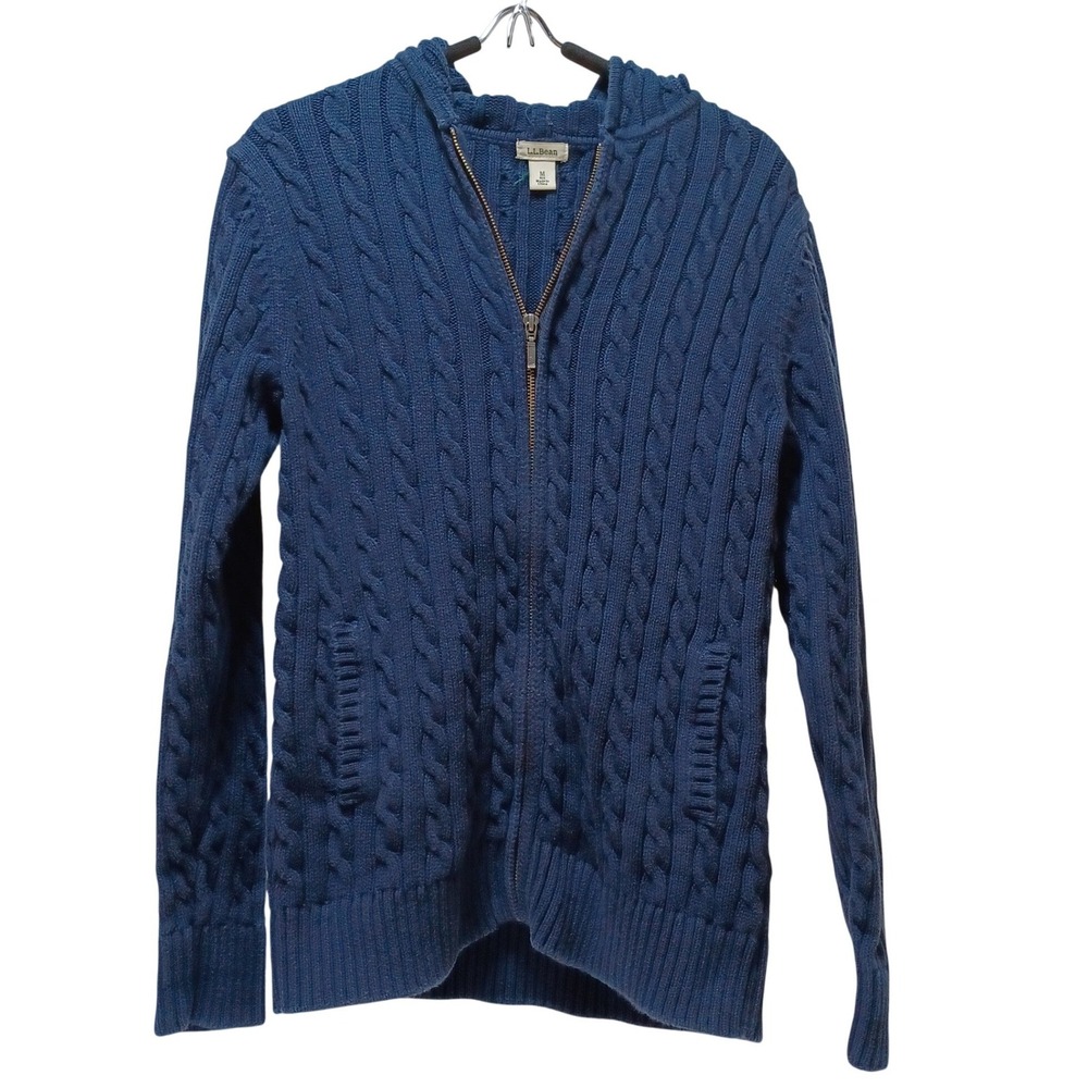 LL Bean Cardigan Hoodie‎ Womens M Navy Cotton Cable Knit Full Zip Preppy Coastal